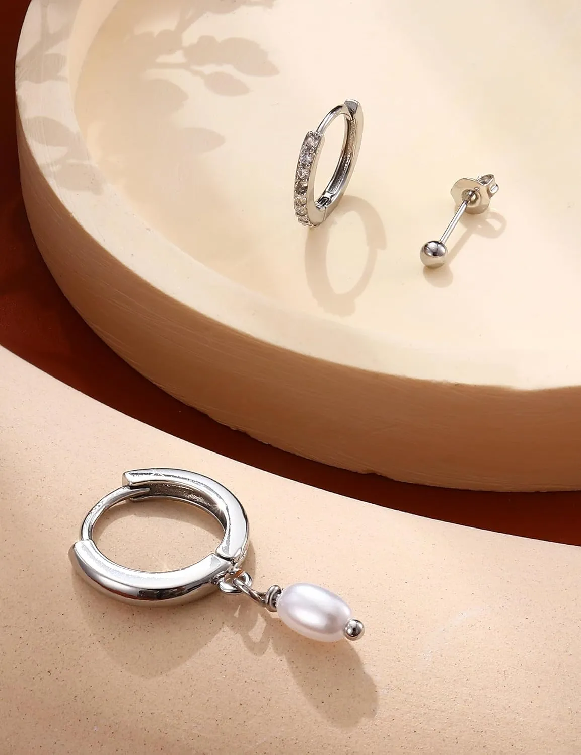 FIBO STEEL 14K Gold Earrings for Women - 925 Sterling Silver Hypoallergenic Earrings Set for Multiple Piercing - Cartilage Dainty Small Huggie Hoop Stud Earring Stacks for Sensitive Ears