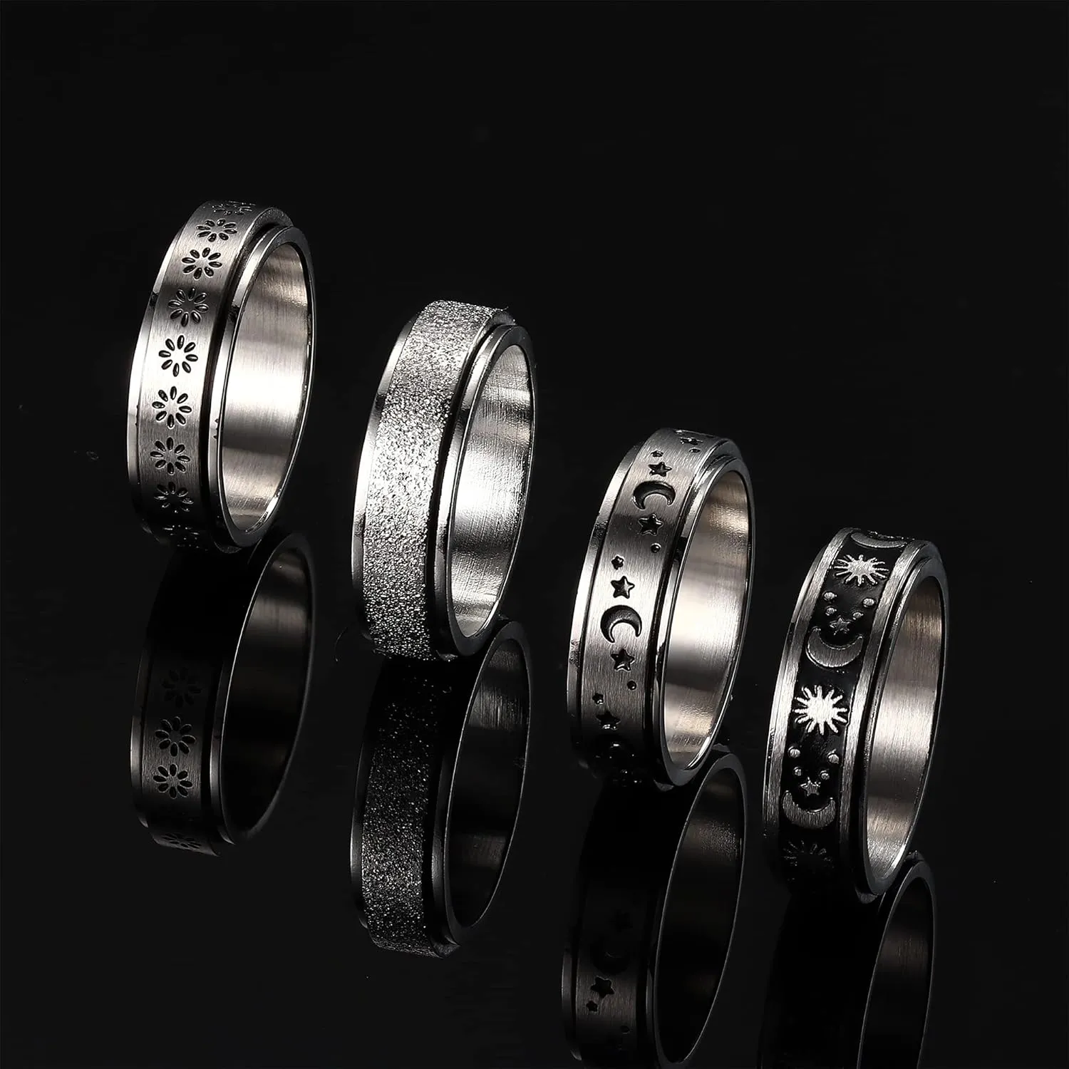 FIBO STEEL Stainless Steel Spinner Ring for Women Men Fidget Band Rings Moon Star Flower Heart Infinity Filigree Sand Blast Finish Ring Set for Stress Relieving Wedding Promise Size 5-10