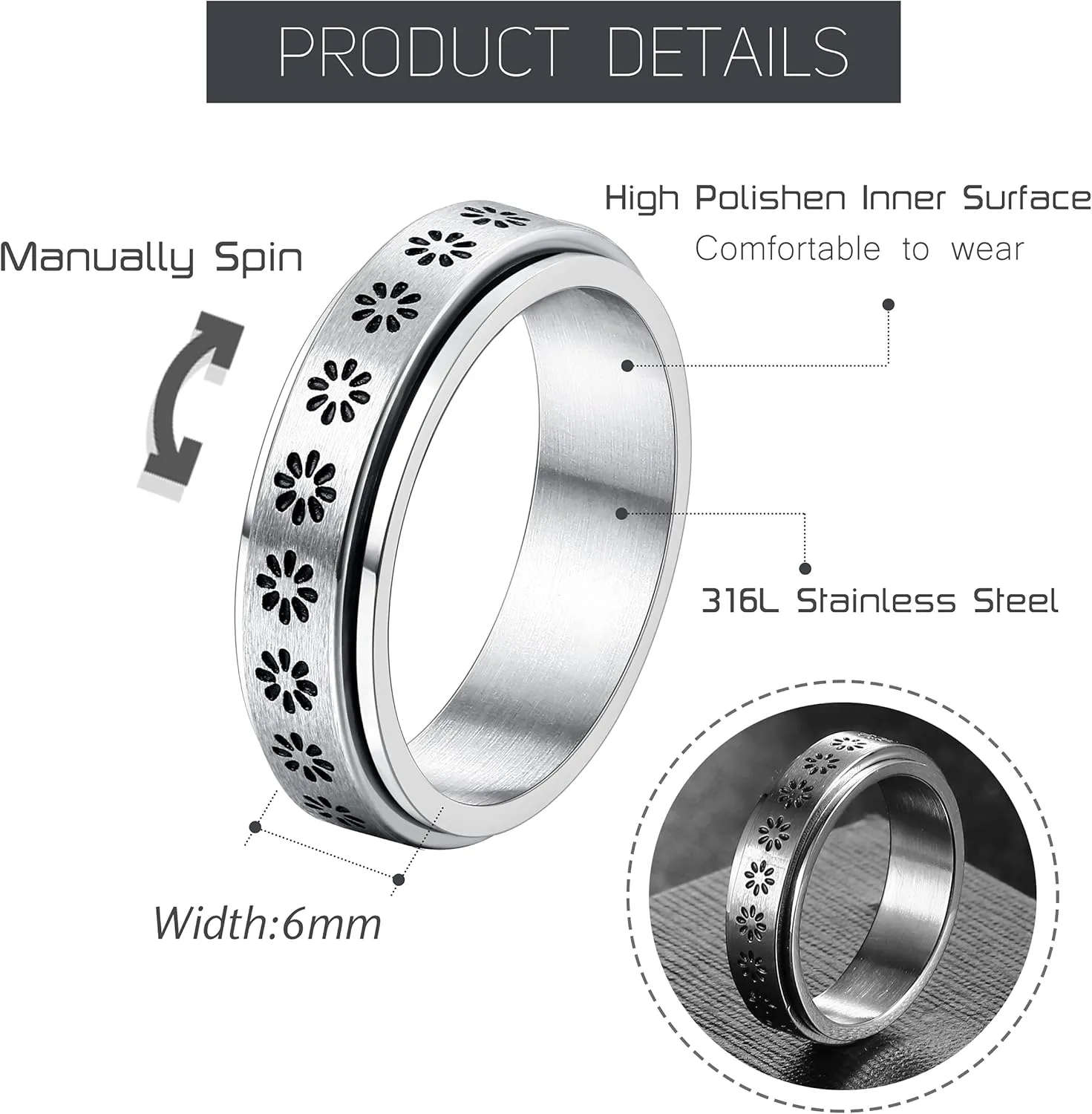 FIBO STEEL Stainless Steel Spinner Ring for Women Men Fidget Band Rings Moon Star Flower Heart Infinity Filigree Sand Blast Finish Ring Set for Stress Relieving Wedding Promise Size 5-10