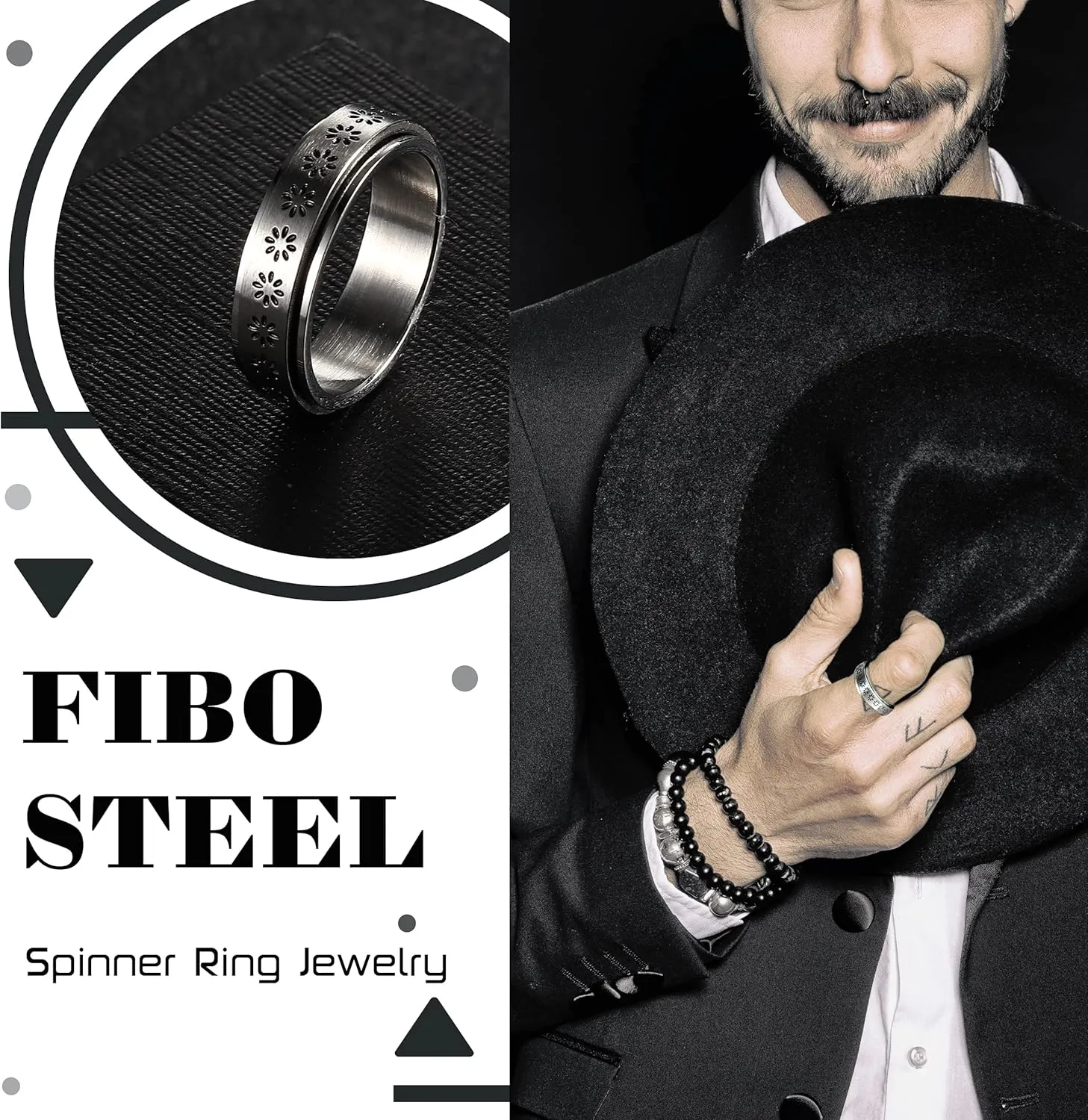 FIBO STEEL Stainless Steel Spinner Ring for Women Men Fidget Band Rings Moon Star Flower Heart Infinity Filigree Sand Blast Finish Ring Set for Stress Relieving Wedding Promise Size 5-10