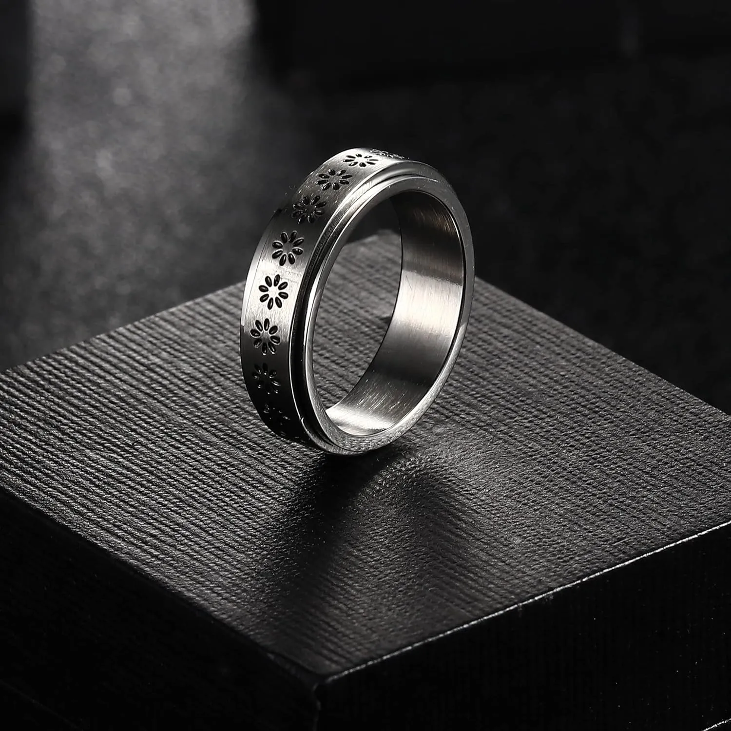 FIBO STEEL Stainless Steel Spinner Ring for Women Men Fidget Band Rings Moon Star Flower Heart Infinity Filigree Sand Blast Finish Ring Set for Stress Relieving Wedding Promise Size 5-10