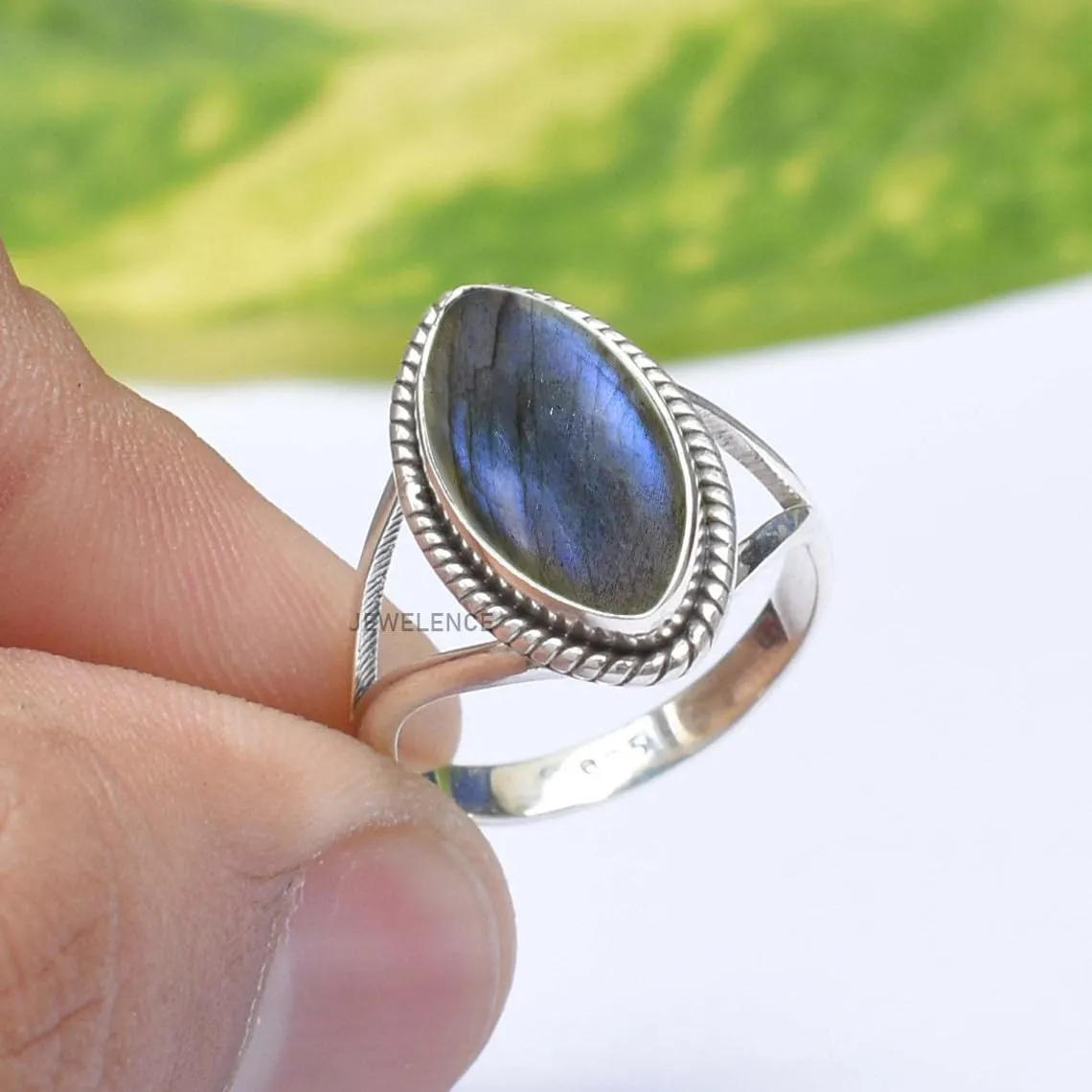 Fine Sterling Silver Ring For Women & Girls Natural Labradorite Ring Sterling Silver Boho Ring Blue Gemstone Split Shank Ring