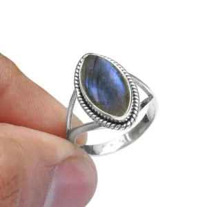 Fine Sterling Silver Ring For Women & Girls Natural Labradorite Ring Sterling Silver Boho Ring Blue Gemstone Split Shank Ring