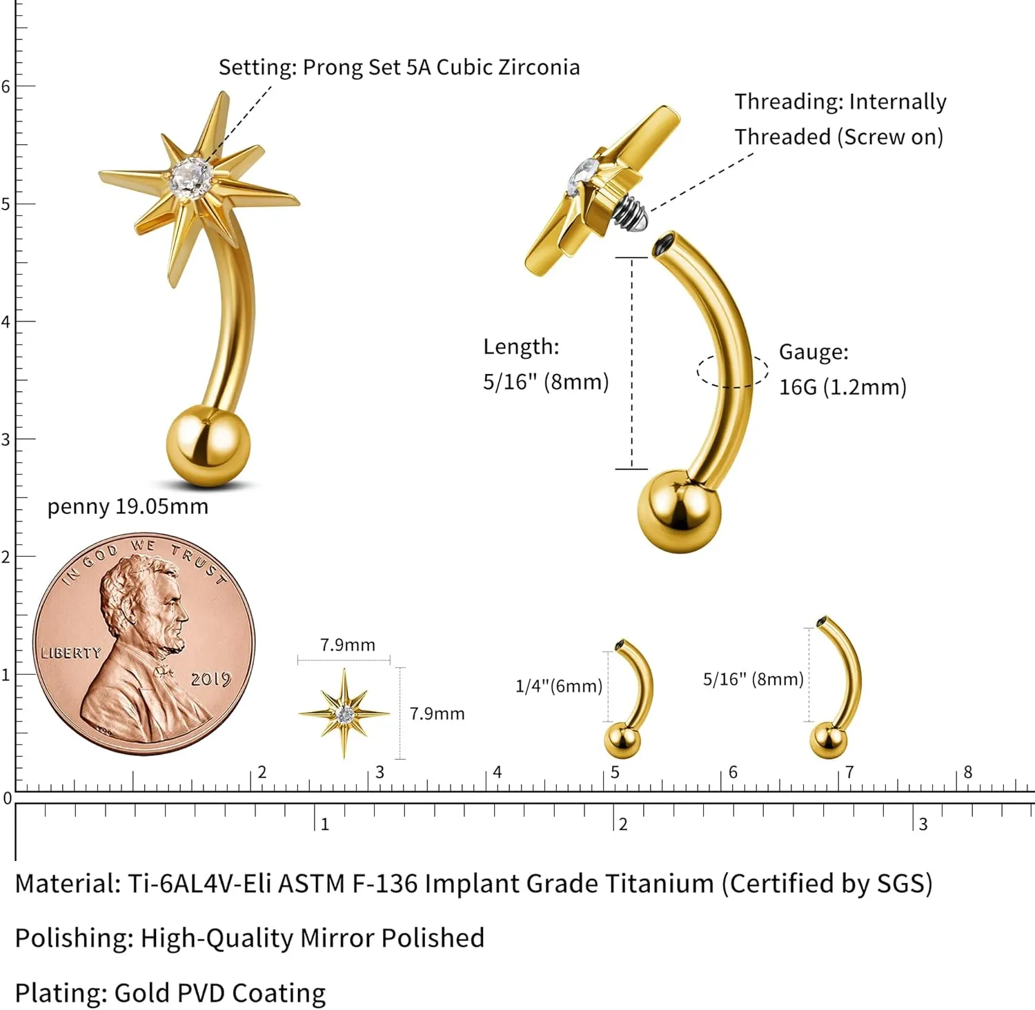 FINE4U 1PC Rook Piercing Jewelry 16g 8mm 6mm - ASTM F136 Titanium Rook Earrings, Curved Barbell Body Jewelry