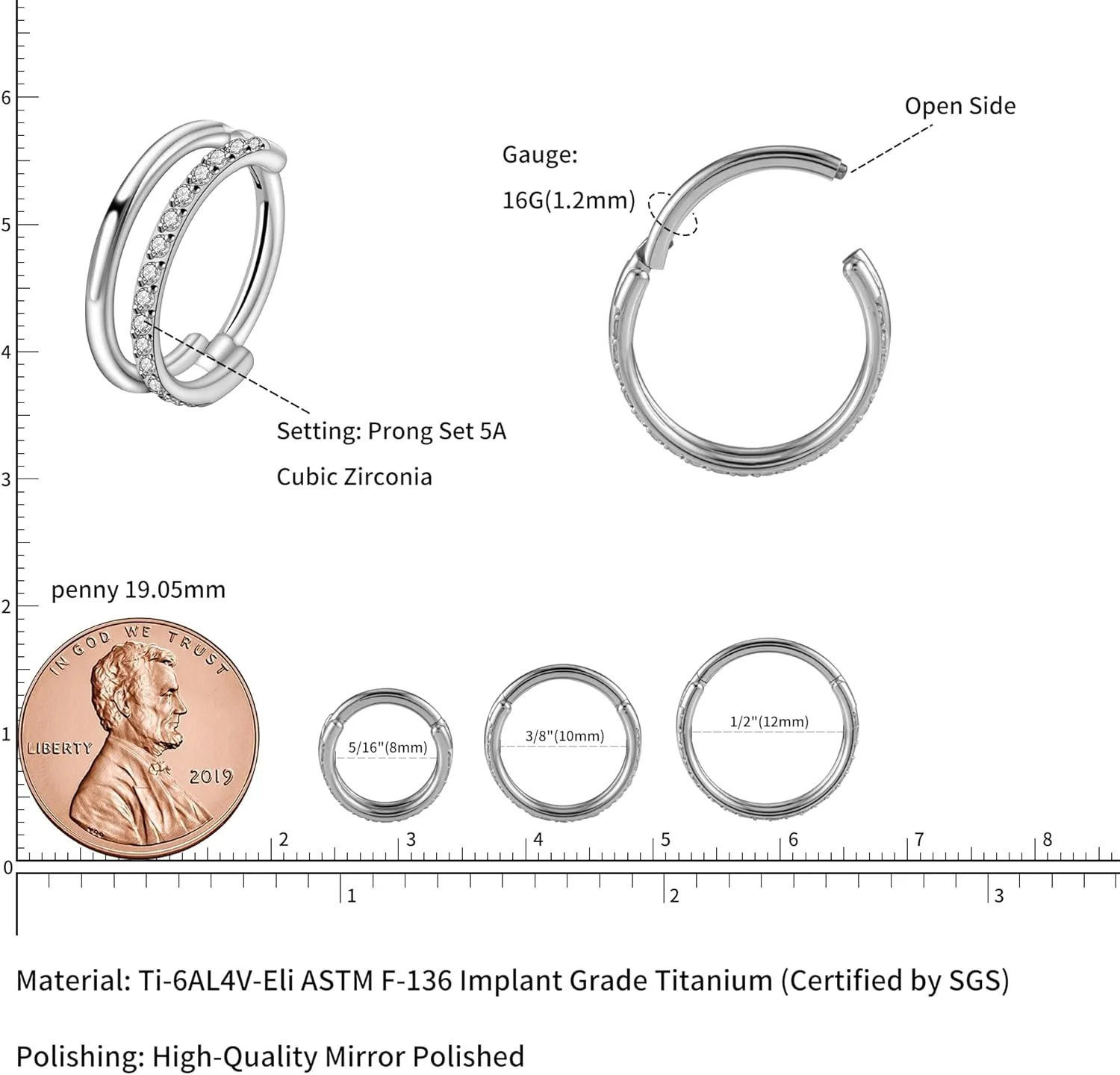 FINE4U Cartilage Earring Hoop for Conch Helix 16G 8mm 10mm 12mm, ASTM F136 Titanium Piercing jewelry for Women & Men, Body Implant Grade Nose Rings, Hypoallergenic Hinged Clicker