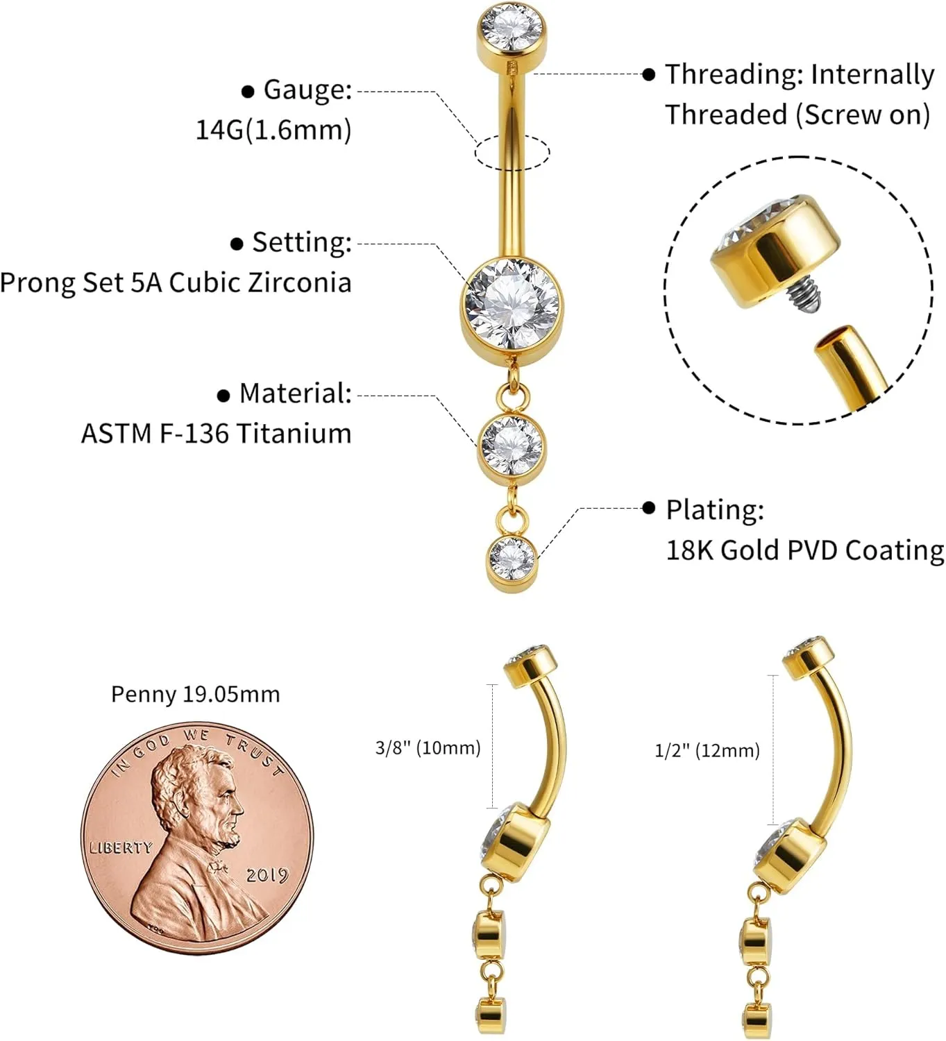 FINE4U Dangle Belly Button Rings 14G 10mm 12mm - ASTM F136 Implant Grade Real Titanium Belly Ring, Internally Threaded Hypoallergenic Navel Piercing Jewelry for Gift idea (Clear)