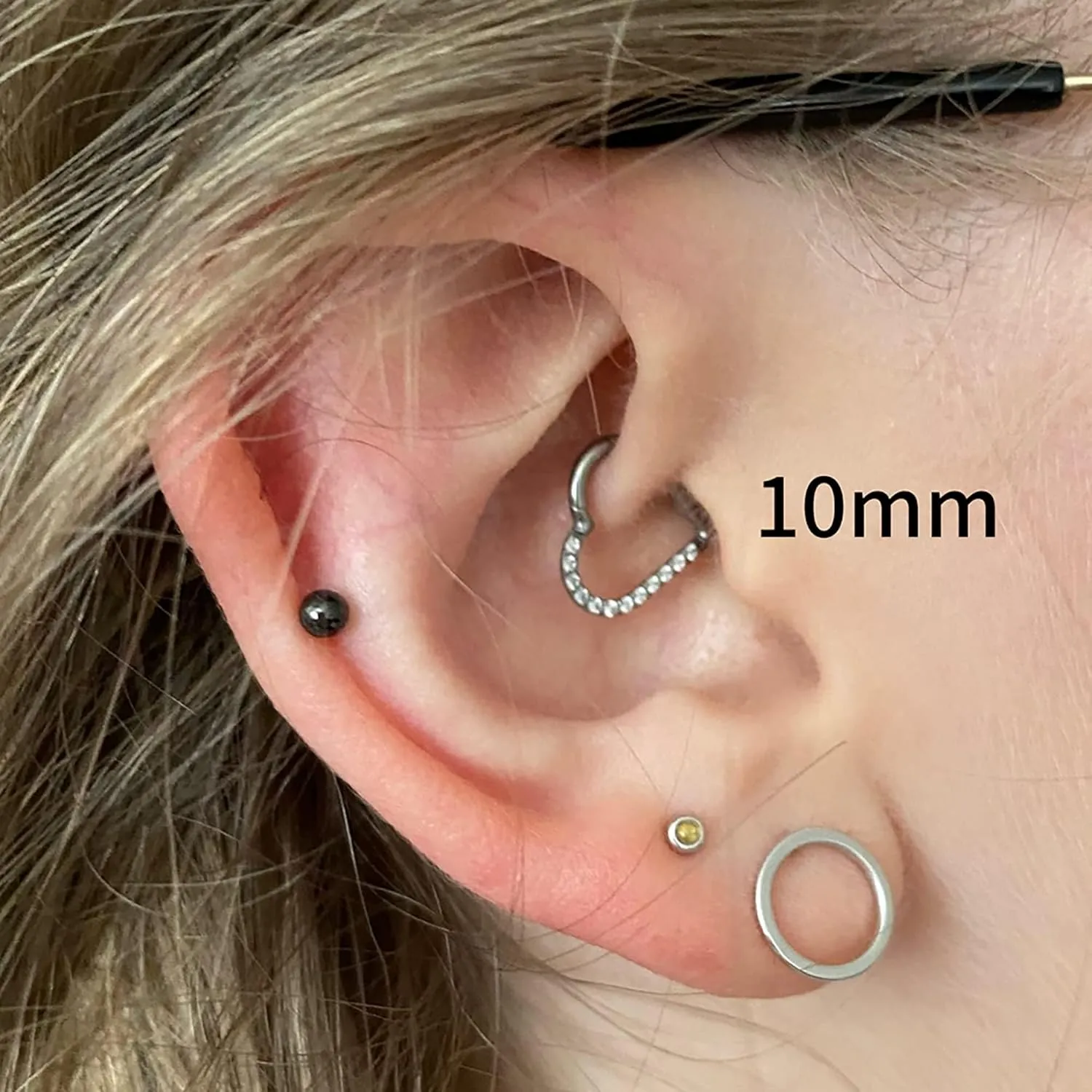 FINE4U Heart Daith Piercing Jewelry 16G 8mm 10mm Left Ear - ASTM F136 Titanium Clicker Daith Earrings for Women & Men