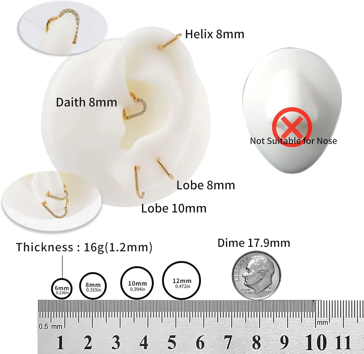 FINE4U Heart Daith Piercing Jewelry 16G 8mm 10mm Left Ear - ASTM F136 Titanium Clicker Daith Earrings for Women & Men