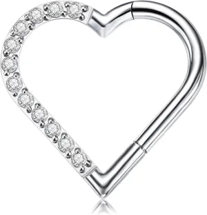 FINE4U Heart Daith Piercing Jewelry 16G 8mm 10mm Left Ear - ASTM F136 Titanium Clicker Daith Earrings for Women & Men