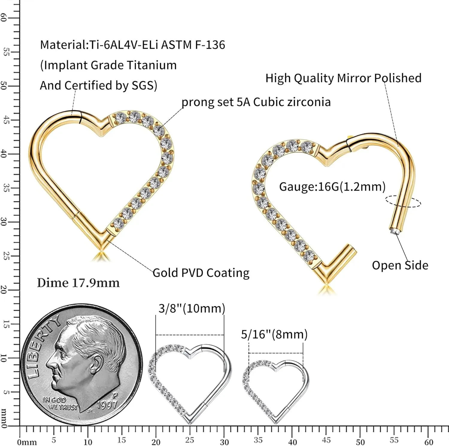 FINE4U Heart Daith Piercing Jewelry 16G 8mm 10mm Left Ear - ASTM F136 Titanium Clicker Daith Earrings for Women & Men
