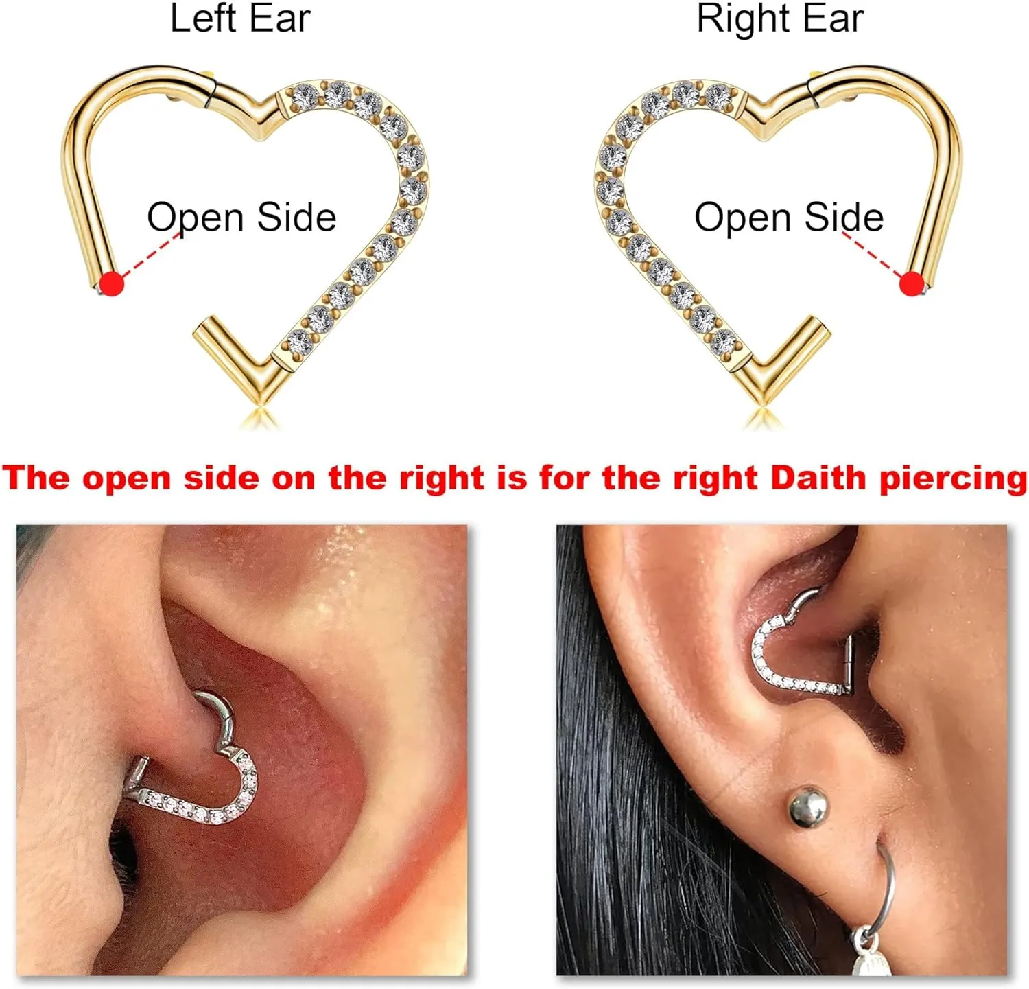 FINE4U Heart Daith Piercing Jewelry 16G 8mm 10mm Left Ear - ASTM F136 Titanium Clicker Daith Earrings for Women & Men