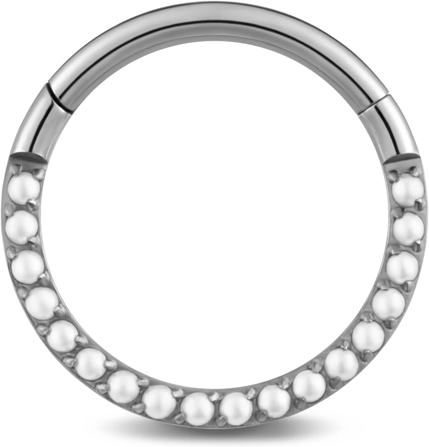 FINE4U Pearl Piercing Jewelry Hoop 16G 6mm 8mm 10mm 12mm, ASTM F136 Titanium Cartilage Earrings Hoop, Hypoallergenic Hinged Clicker for Women