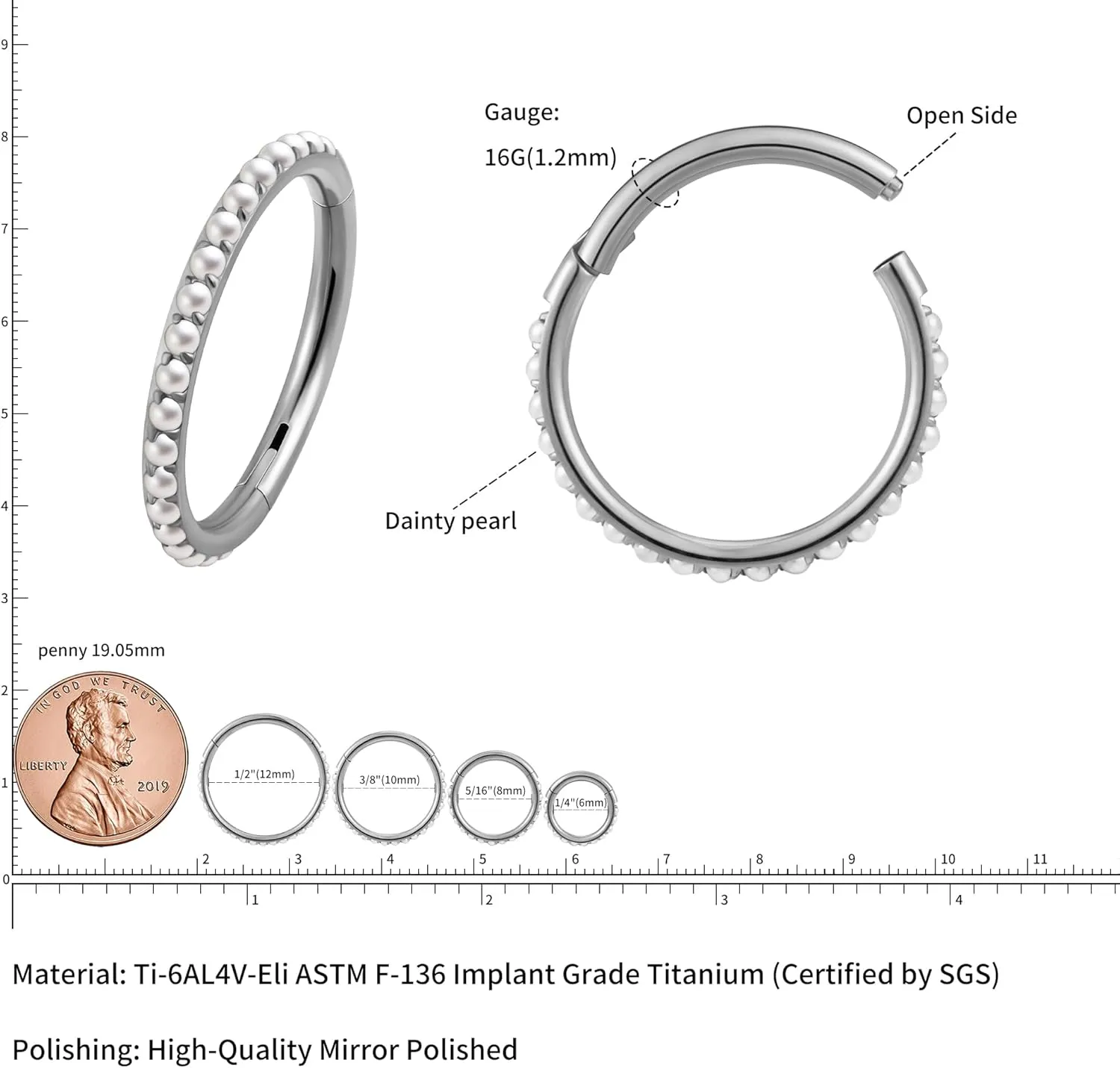 FINE4U Pearl Piercing Jewelry Hoop 16G 6mm 8mm 10mm 12mm, ASTM F136 Titanium Cartilage Earrings Hoop, Hypoallergenic Hinged Clicker for Women