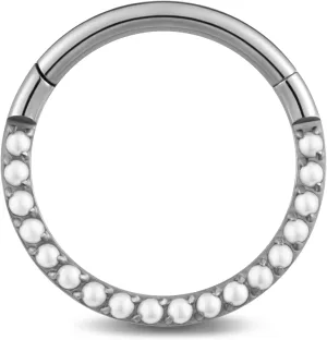 FINE4U Pearl Piercing Jewelry Hoop 16G 6mm 8mm 10mm 12mm, ASTM F136 Titanium Cartilage Earrings Hoop, Hypoallergenic Hinged Clicker for Women