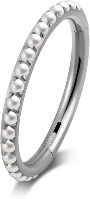 FINE4U Pearl Piercing Jewelry Hoop 16G 6mm 8mm 10mm 12mm, ASTM F136 Titanium Cartilage Earrings Hoop, Hypoallergenic Hinged Clicker for Women