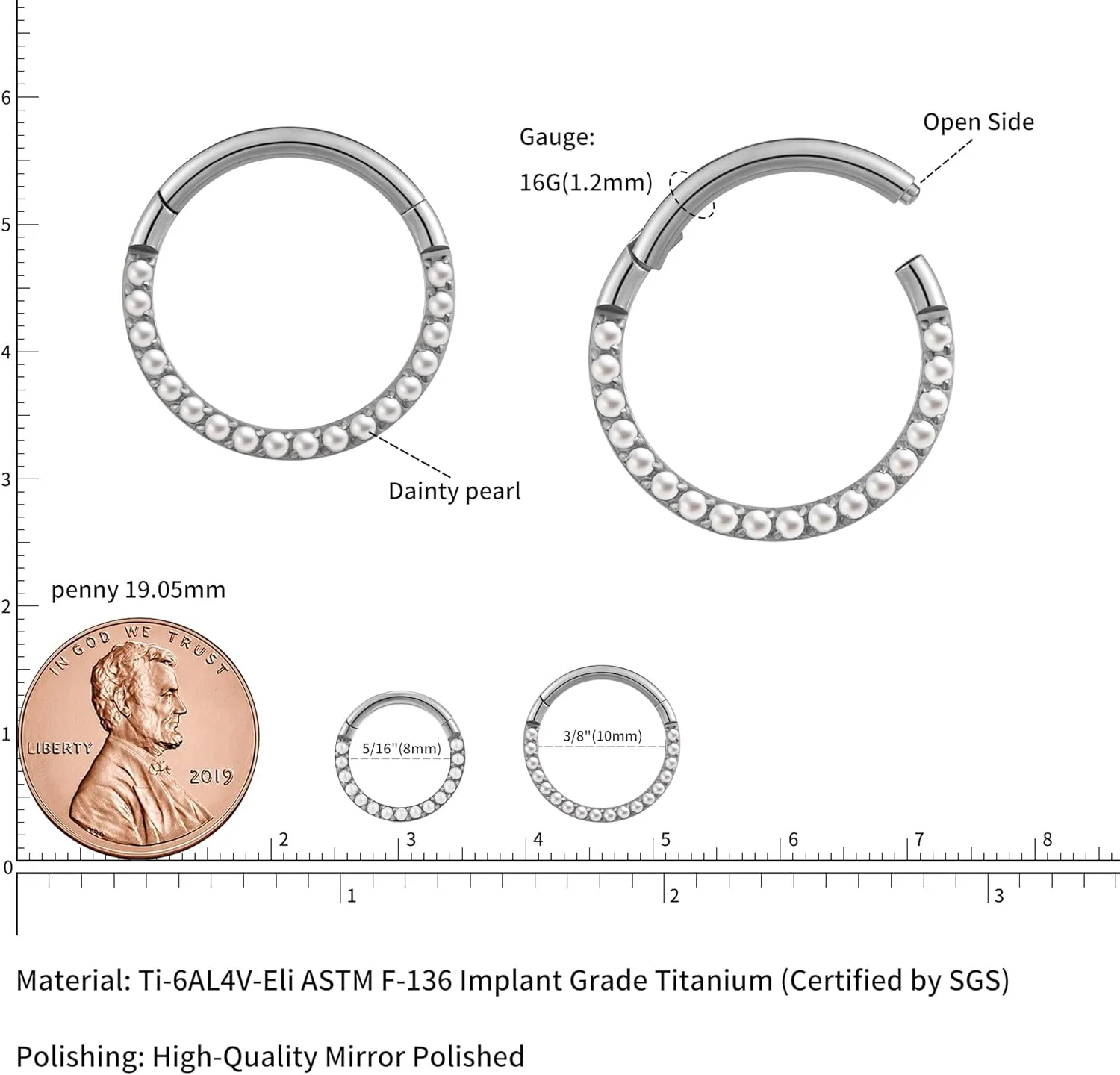 FINE4U Pearl Piercing Jewelry Hoop 16G 6mm 8mm 10mm 12mm, ASTM F136 Titanium Cartilage Earrings Hoop, Hypoallergenic Hinged Clicker for Women
