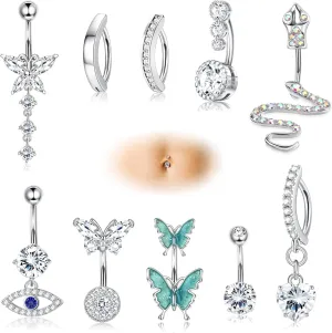 FINREZIO 10PCS 14G Clicker Belly Button Rings for Women Surgical Steel Dangle Cute CZ Snake Evil Eye Butterfly Belly Button Rings Reverse Curved Navel Belly Barbell Piercing Jewelry