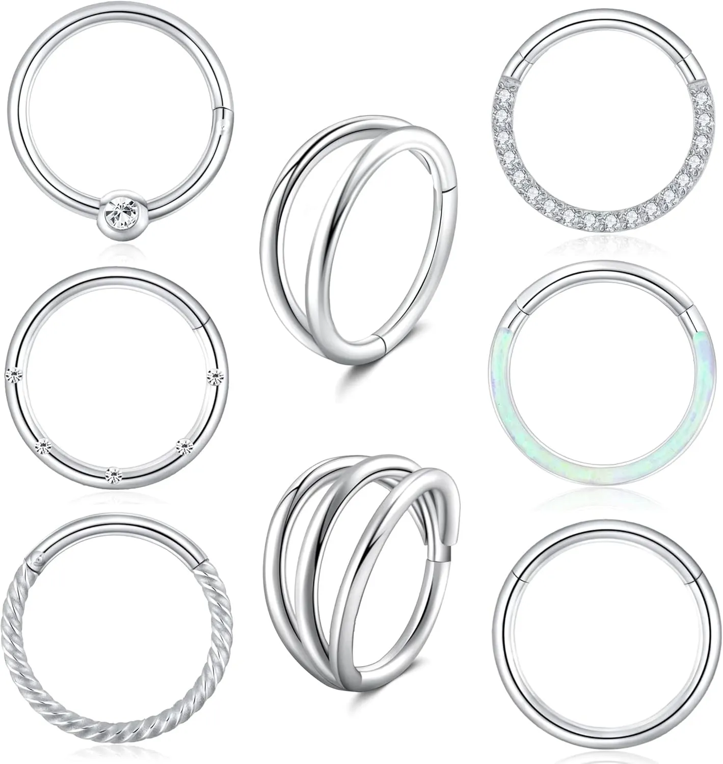 FIRAZIO 8PCS 16G Surgical Steel Hinged Hoop Nose Ring for Women CZ Septum Clicker Segment Nose Rings Cartilage Earrings Helix Tragus Conch Lip Nose Daith Piercing Jewelry 8mm 10mm