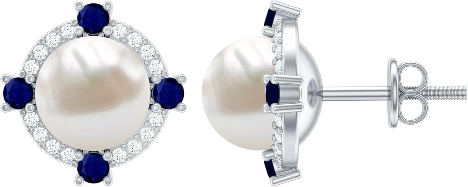 First Mothers Day Gift, Natural 7mm Pearl Stud Earrings with Moissanite and Sapphire, AAA Quality, Certified Pearl Screw Back Earrings in Silver