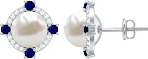 First Mothers Day Gift, Natural 7mm Pearl Stud Earrings with Moissanite and Sapphire, AAA Quality, Certified Pearl Screw Back Earrings in Silver