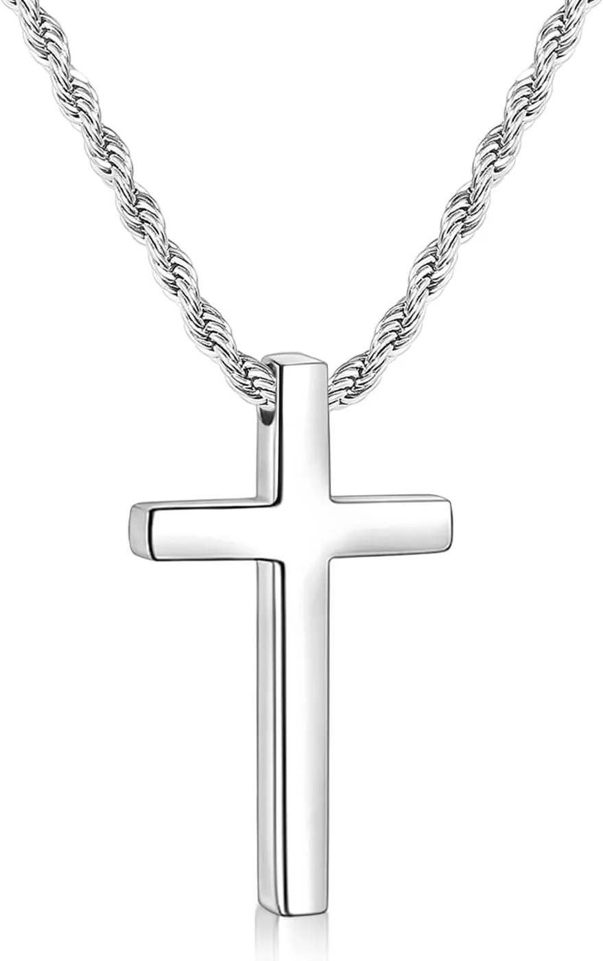 Fiusem Cross Necklace for Men, Mens Cross Necklaces with 2.5mm Rope Chain, Stainless Steel Pendant Chain 16-28 Inch