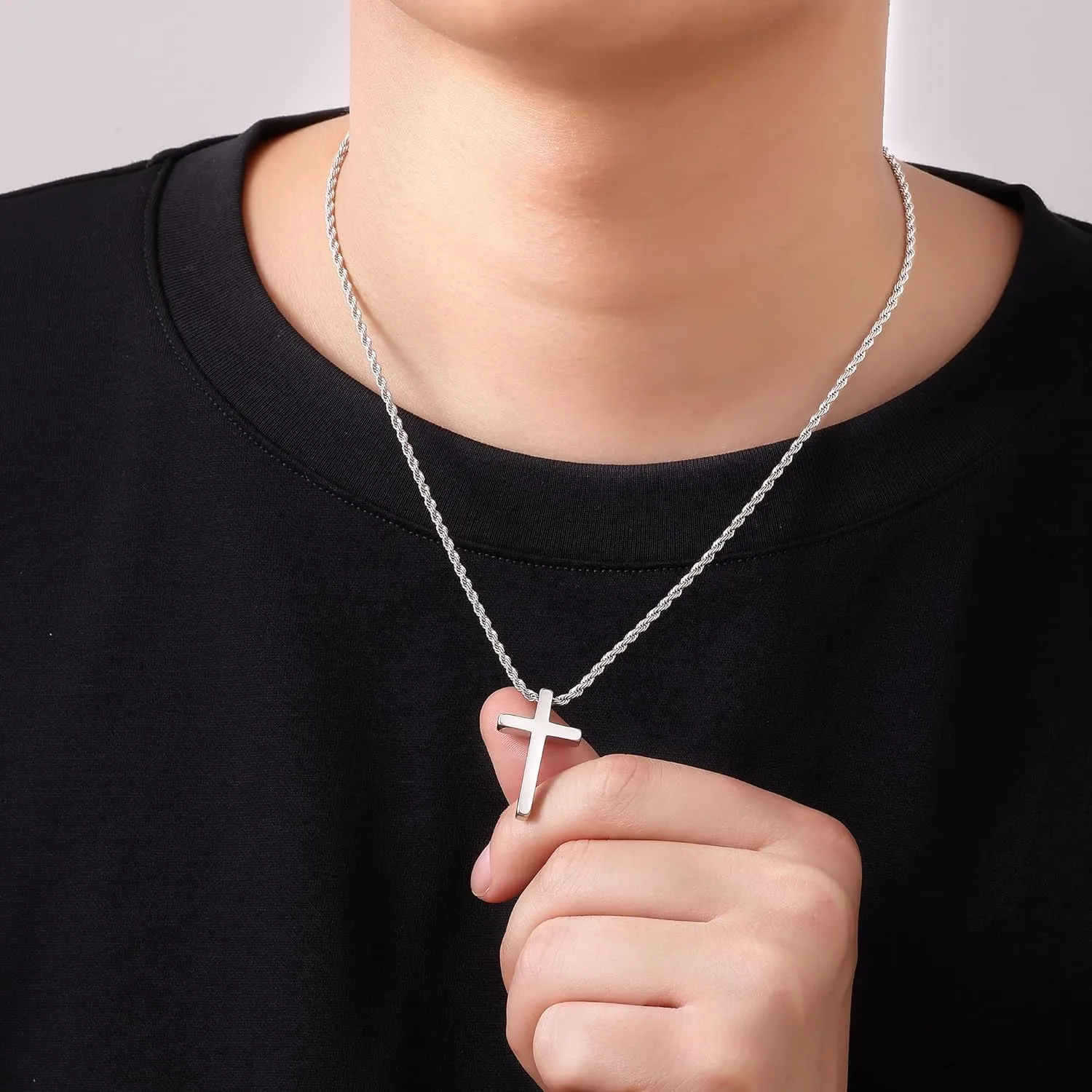 Fiusem Cross Necklace for Men, Mens Cross Necklaces with 2.5mm Rope Chain, Stainless Steel Pendant Chain 16-28 Inch