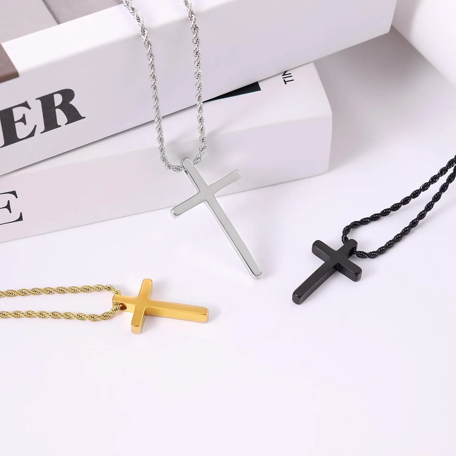Fiusem Cross Necklace for Men, Mens Cross Necklaces with 2.5mm Rope Chain, Stainless Steel Pendant Chain 16-28 Inch