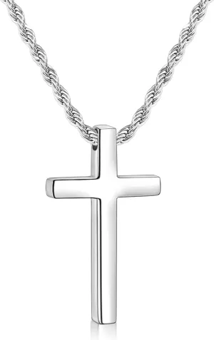 Fiusem Cross Necklace for Men, Mens Cross Necklaces with 2.5mm Rope Chain, Stainless Steel Pendant Chain 16-28 Inch