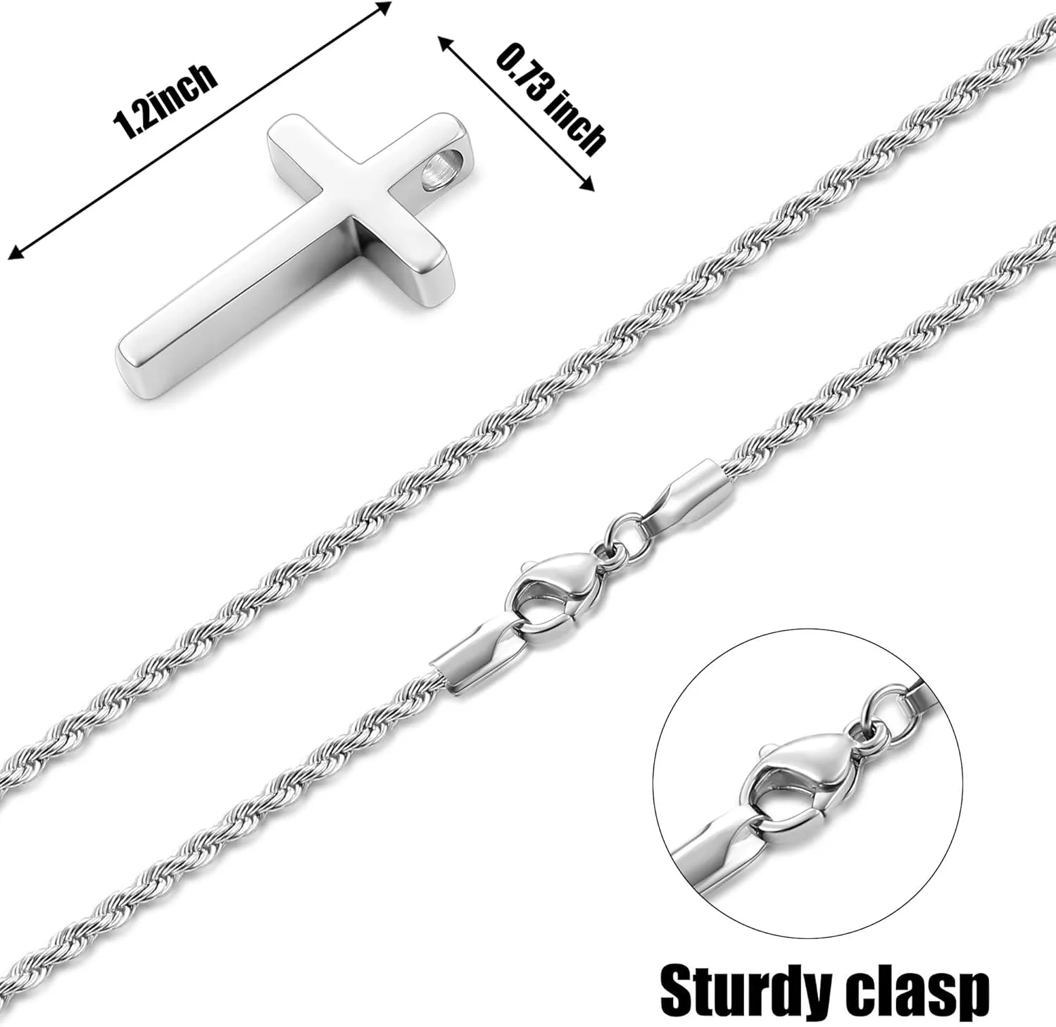 Fiusem Cross Necklace for Men, Mens Cross Necklaces with 2.5mm Rope Chain, Stainless Steel Pendant Chain 16-28 Inch