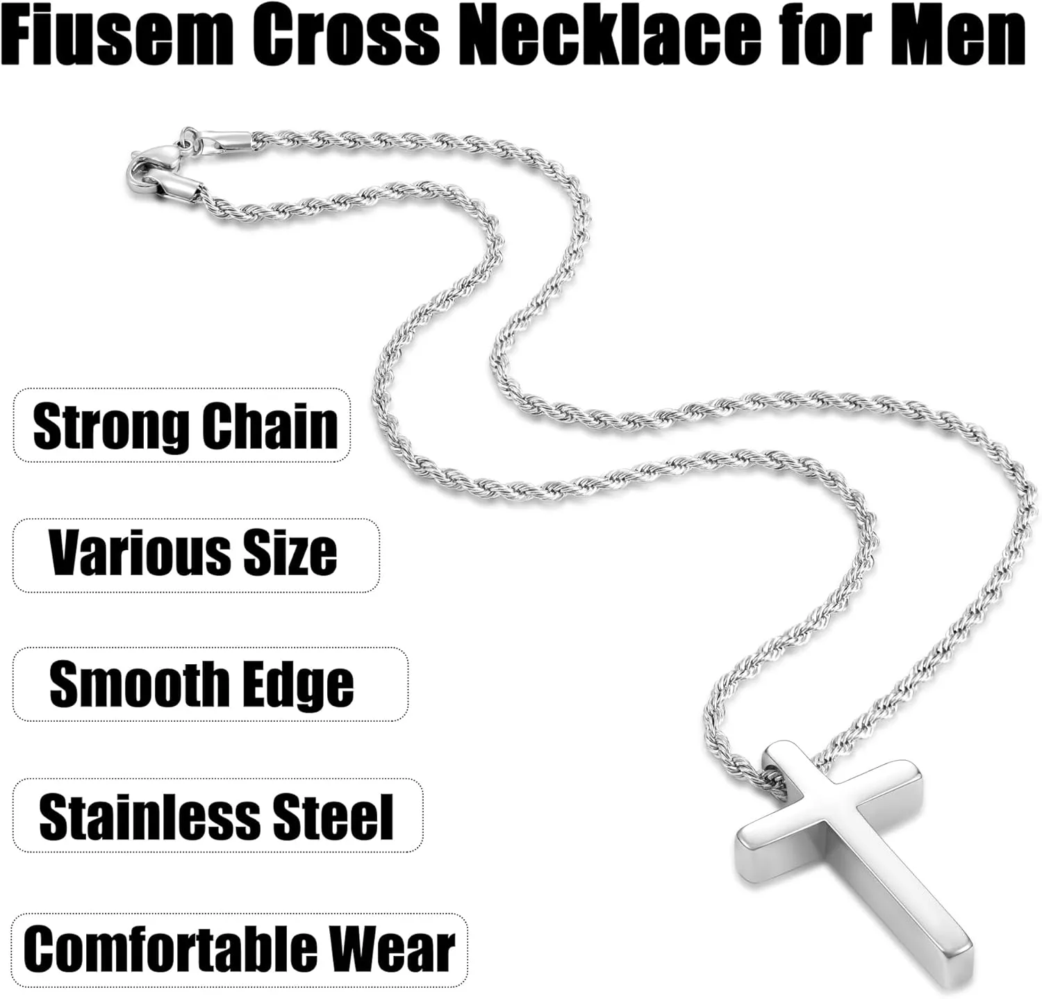 Fiusem Cross Necklace for Men, Mens Cross Necklaces with 2.5mm Rope Chain, Stainless Steel Pendant Chain 16-28 Inch