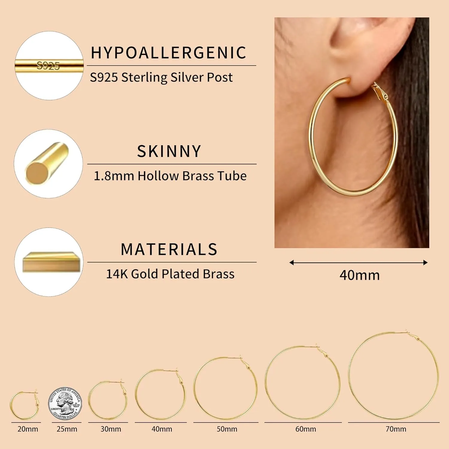 Fiusem Gold Hoop Earrings for Women 14K Gold Plated, Hypoallergenic Earrings with 925 Sterling Silver post