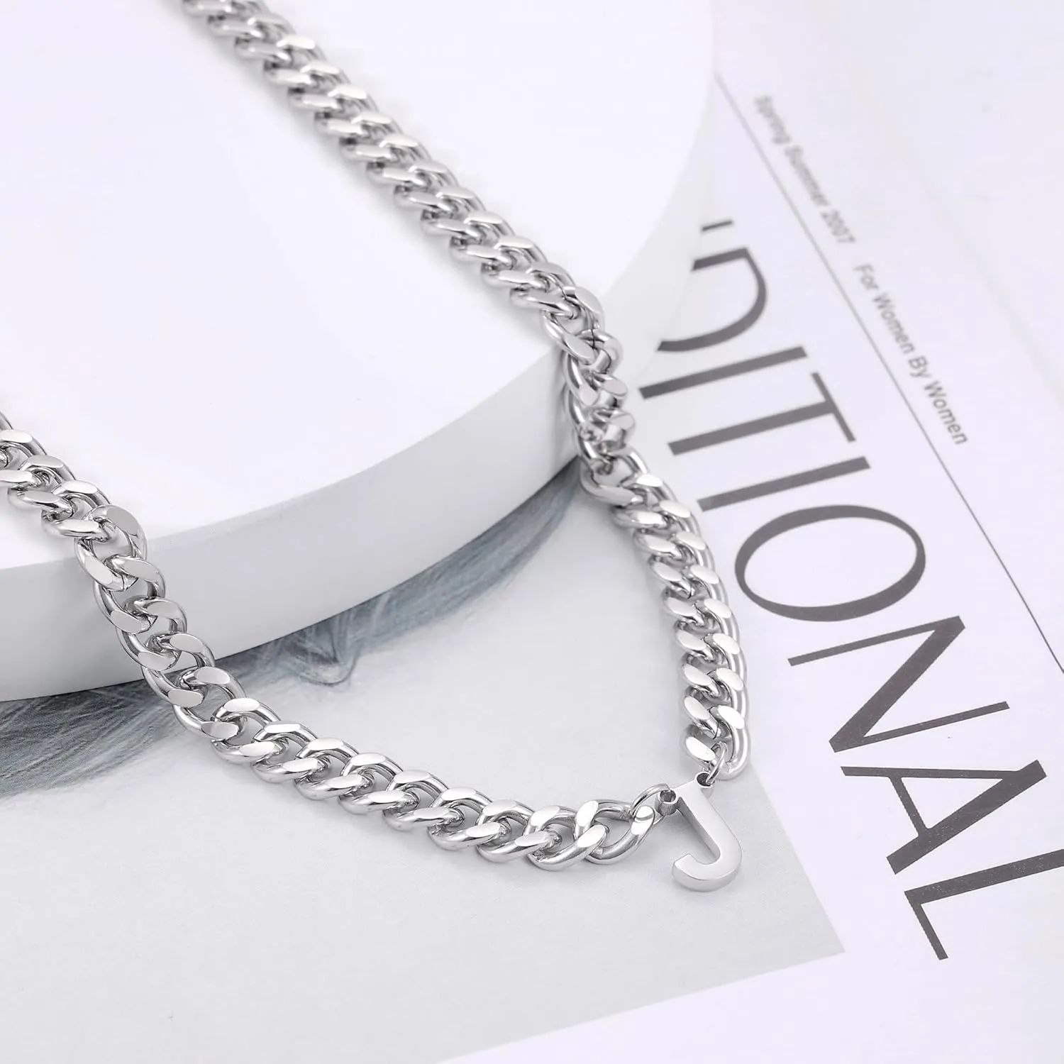 Fiusem Initial Necklace for Men, Silver Tone Cuban Link Chain for Men with Small A-Z Letter Necklace Pendant