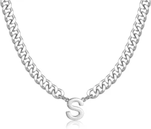 Fiusem Initial Necklace for Men, Silver Tone Cuban Link Chain for Men with Small A-Z Letter Necklace Pendant