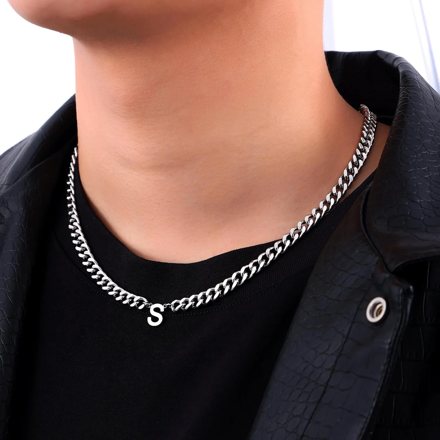 Fiusem Initial Necklace for Men, Silver Tone Cuban Link Chain for Men with Small A-Z Letter Necklace Pendant