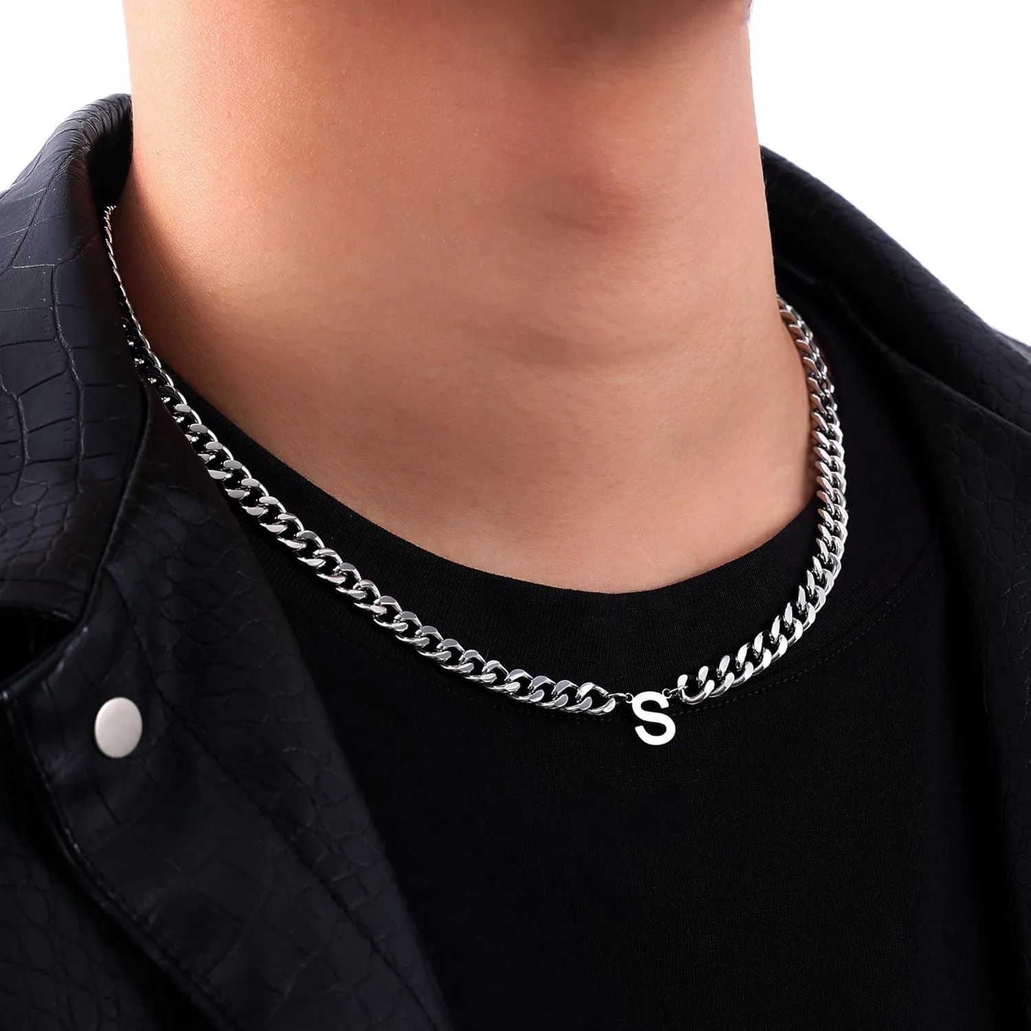 Fiusem Initial Necklace for Men, Silver Tone Cuban Link Chain for Men with Small A-Z Letter Necklace Pendant