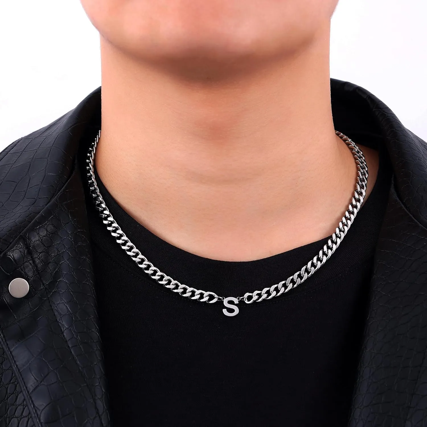 Fiusem Initial Necklace for Men, Silver Tone Cuban Link Chain for Men with Small A-Z Letter Necklace Pendant