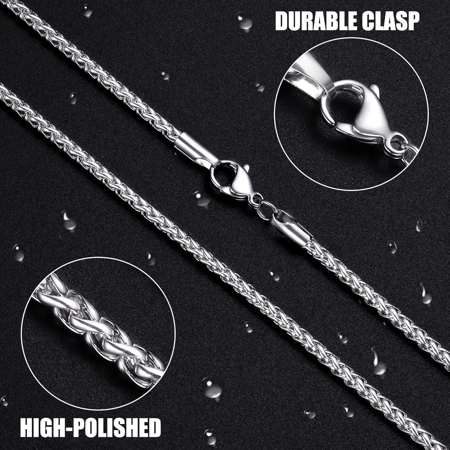 Fiusem Wheat Chains for Men and Women, 2/2.5/3/4/5mm Silver Tone Necklace Chain, Stainless Steel Mens Necklace 16-28 Inch