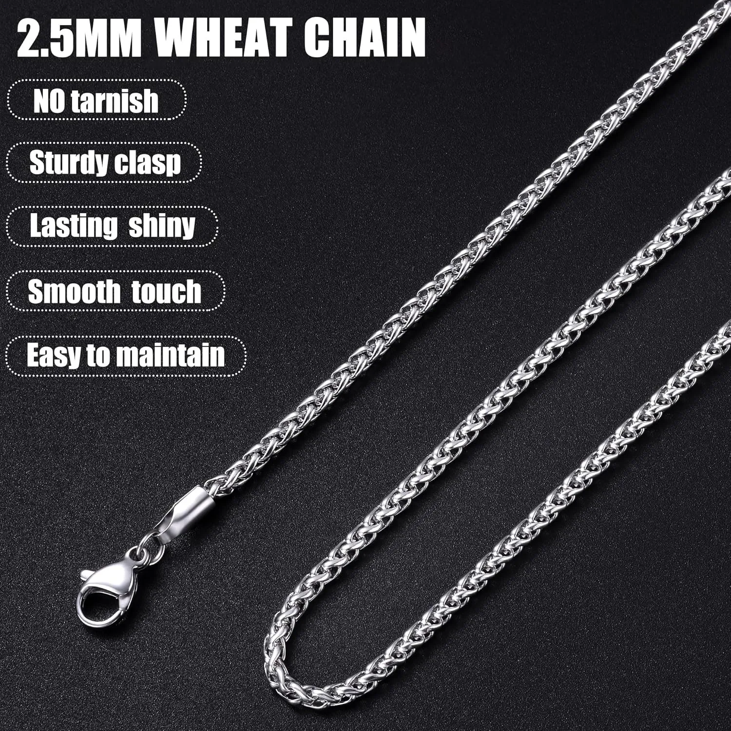 Fiusem Wheat Chains for Men and Women, 2/2.5/3/4/5mm Silver Tone Necklace Chain, Stainless Steel Mens Necklace 16-28 Inch