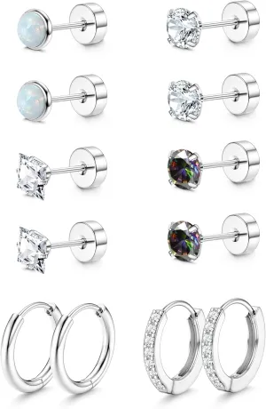 Florideco Silver Hypoallergenic Surgical Steel Earrings 20G Flat Back Earrings for Women Trendy Cartilage Earring Stacks Small Stainless Steel Earring Sets for Multiple Piercing