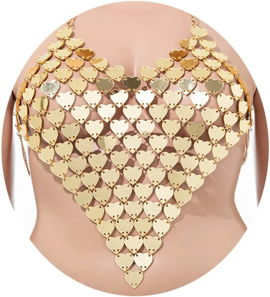 Florry Gold Body Chain Bra Hollow Out Heart Top Body Chains Sparkly See Through Bra Sexy Bikini Body Jewelry for Women Night Club Festivals Party