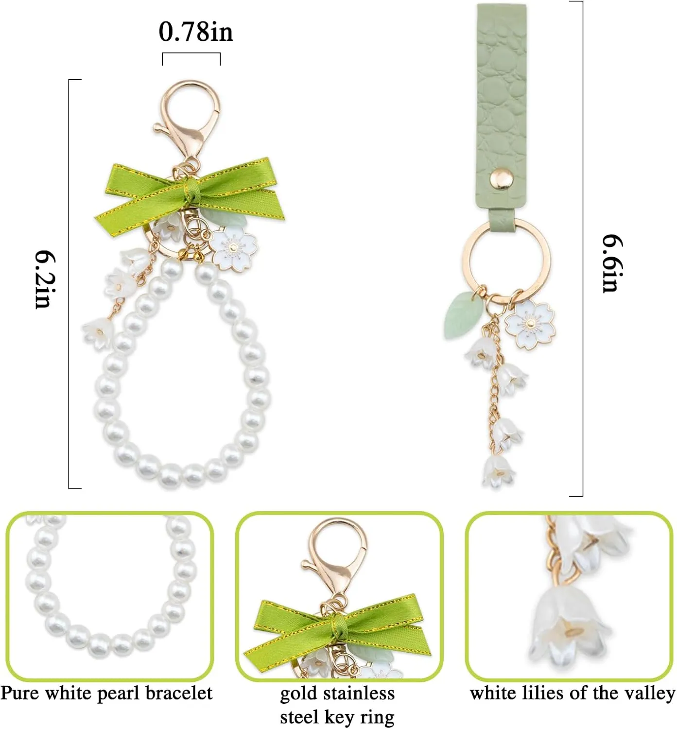 Flower Keychain Wristlet Cute Keychains For Car Keys 2 Pcs Pearl Key Chains For Women Green