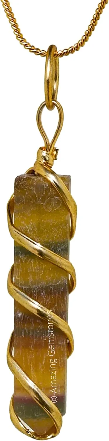 Fluorite Crystal Necklace Pendant For Women, Gold Wire Wrapped Dainty Minimalist Healing Crystal Necklaces For Men Kids Unisex Necklace Jewelry With 20" Inches Adjustable Chain & Leather Cord