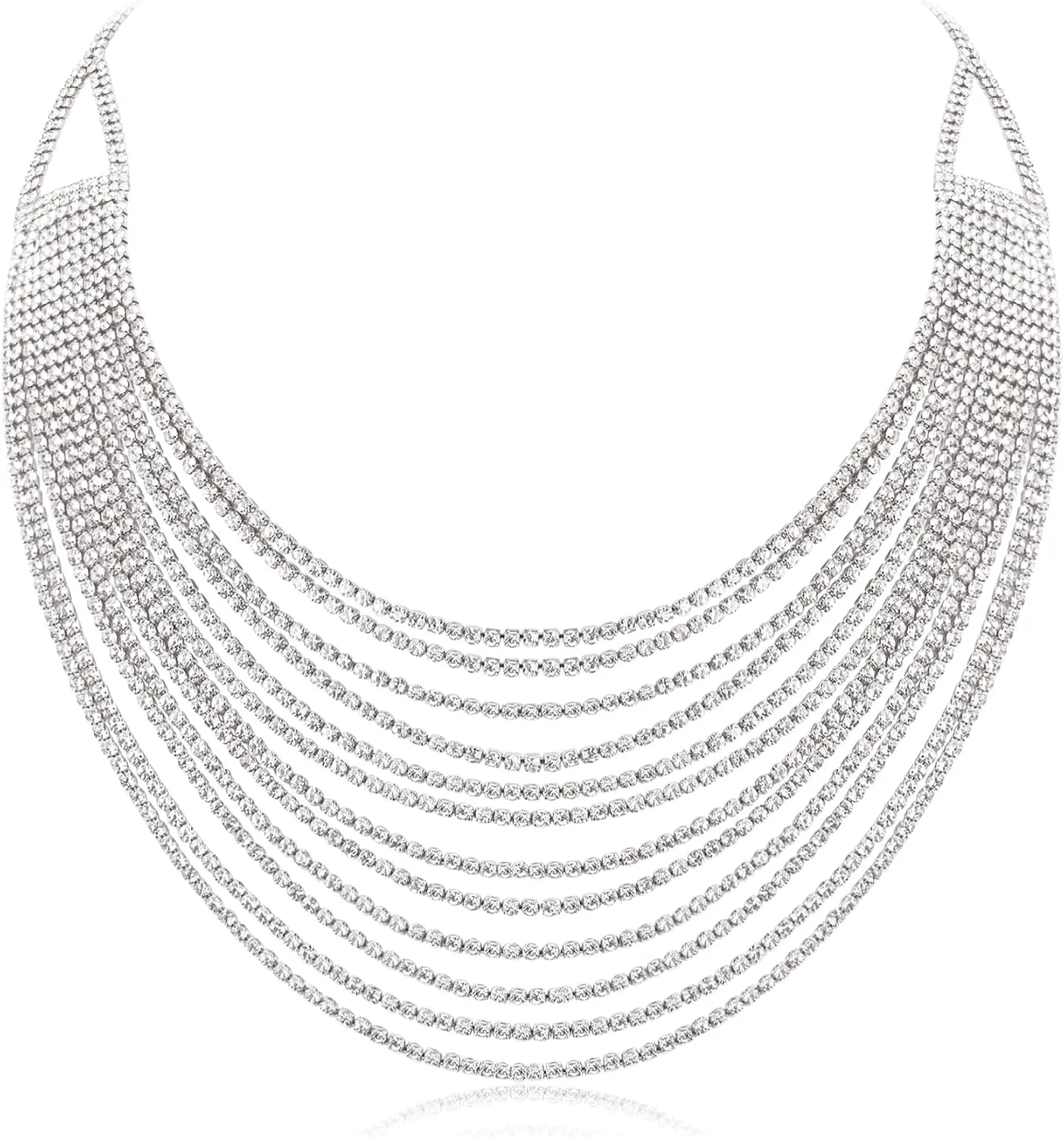 Flyonce Multi Layered Choker Collar Necklace, Glitter Rhinestone Crystal Tassel Multi-Strand Fringe Chains Bib Statement Necklace Prom Jewelry for Women
