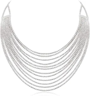 Flyonce Multi Layered Choker Collar Necklace, Glitter Rhinestone Crystal Tassel Multi-Strand Fringe Chains Bib Statement Necklace Prom Jewelry for Women