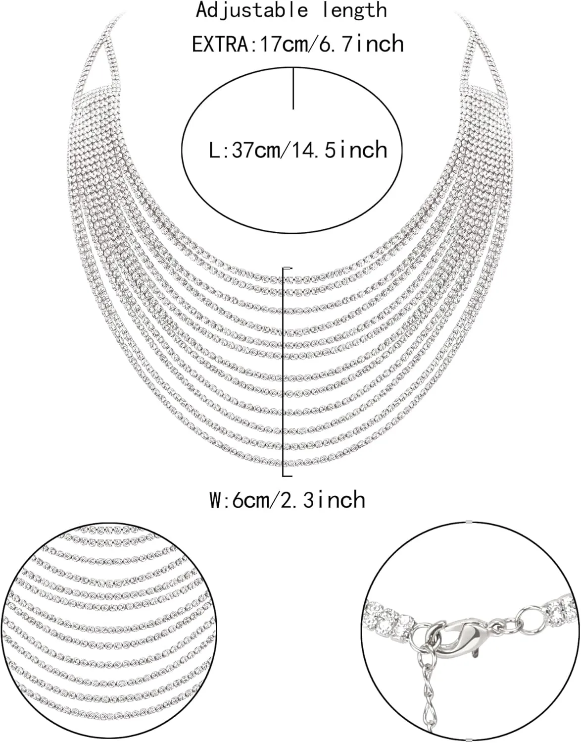 Flyonce Multi Layered Choker Collar Necklace, Glitter Rhinestone Crystal Tassel Multi-Strand Fringe Chains Bib Statement Necklace Prom Jewelry for Women