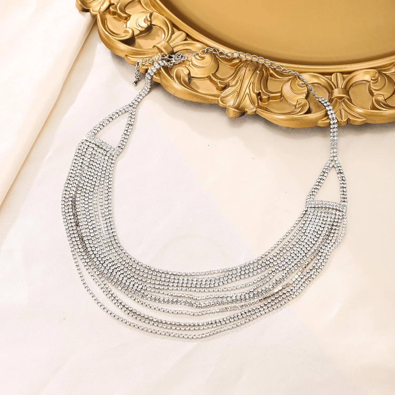 Flyonce Multi Layered Choker Collar Necklace, Glitter Rhinestone Crystal Tassel Multi-Strand Fringe Chains Bib Statement Necklace Prom Jewelry for Women