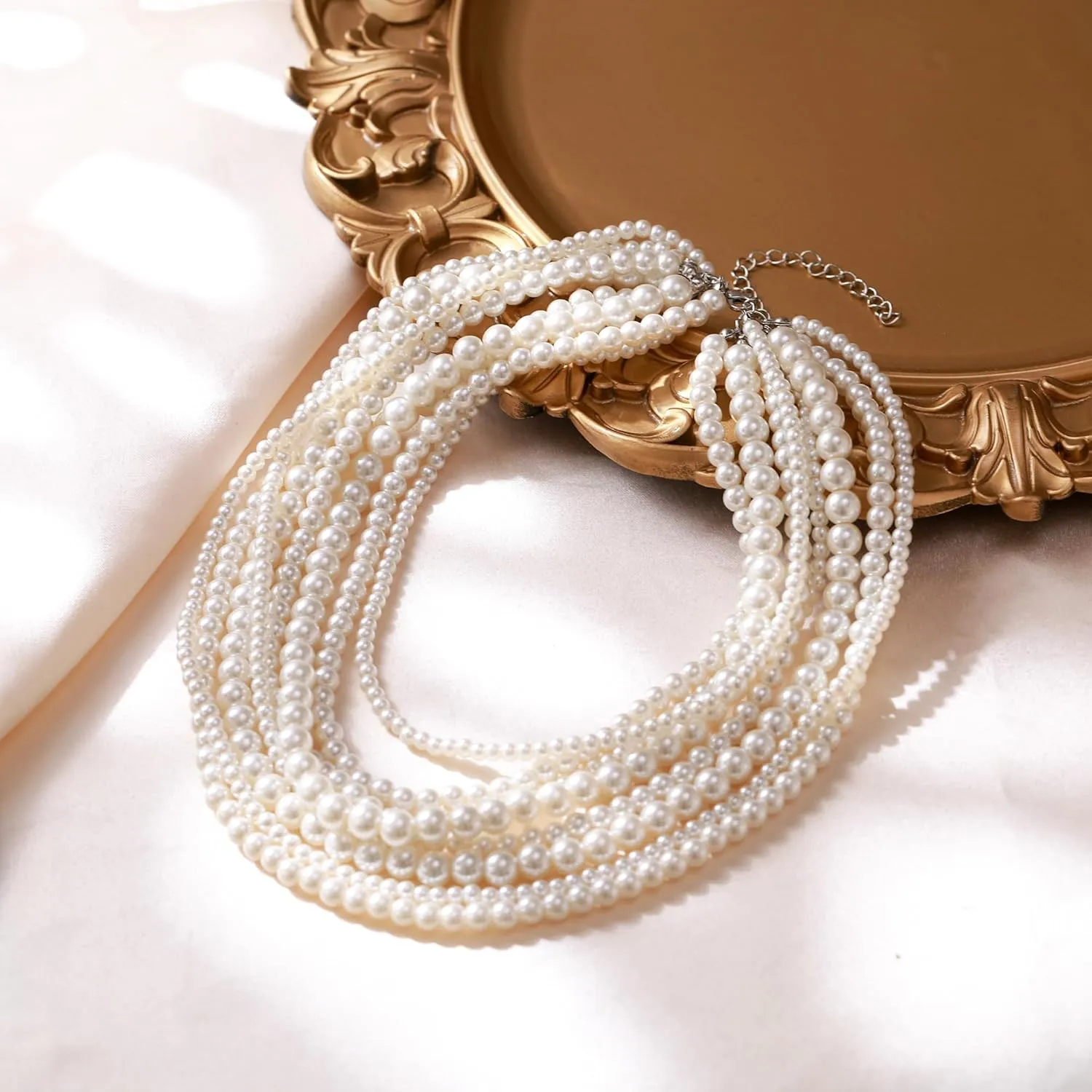 Flyonce Multi Layered Choker Collar Necklace, Glitter Rhinestone Crystal Tassel Multi-Strand Fringe Chains Bib Statement Necklace Prom Jewelry for Women