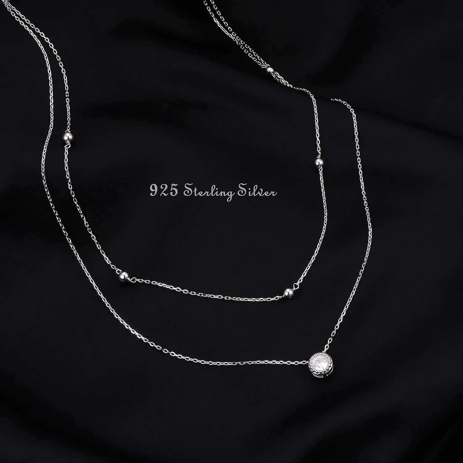 FLYOW Clavicle Choker Necklace for Women Sterling Silver Solitaire Cubic Zirconia Short Necklace Simple Beads Chain Birthday Christmas Gifts for Women Mother Wife