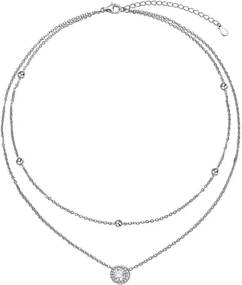 FLYOW Clavicle Choker Necklace for Women Sterling Silver Solitaire Cubic Zirconia Short Necklace Simple Beads Chain Birthday Christmas Gifts for Women Mother Wife