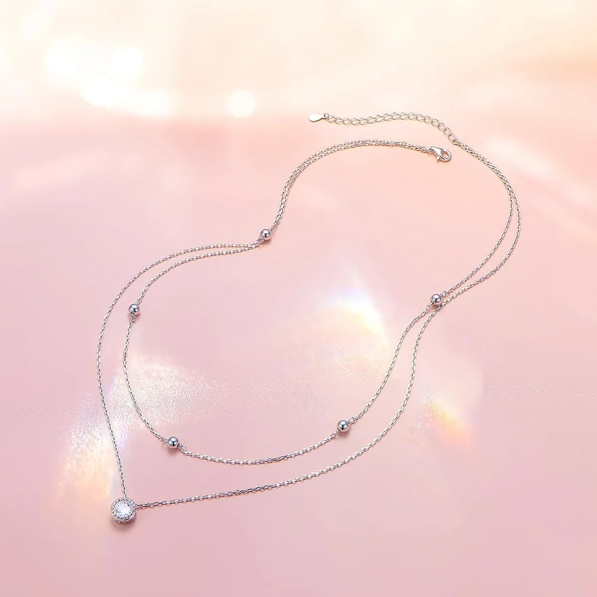 FLYOW Clavicle Choker Necklace for Women Sterling Silver Solitaire Cubic Zirconia Short Necklace Simple Beads Chain Birthday Christmas Gifts for Women Mother Wife